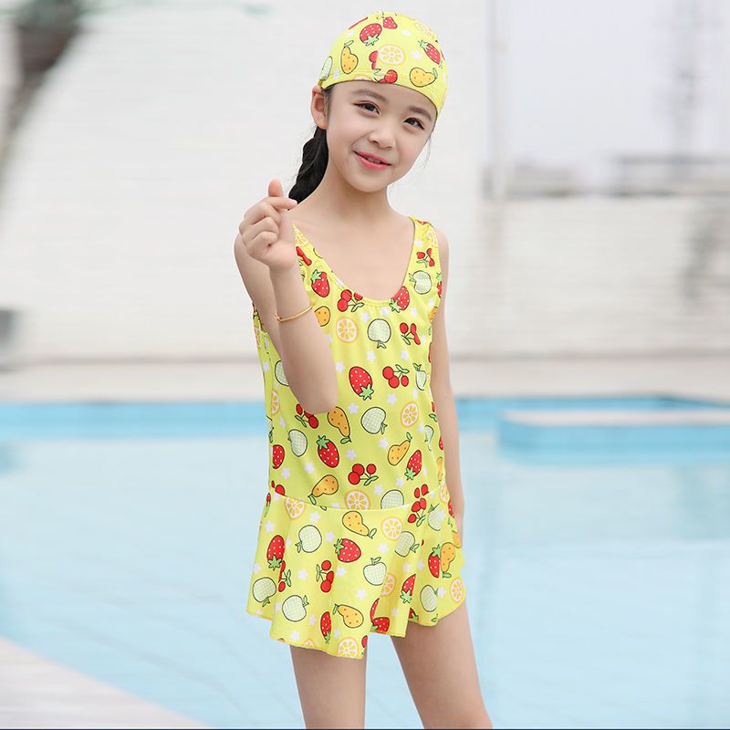 黄色 水果 60码数建议30-35斤 儿童泳衣女连体公主小中大童女孩裙式