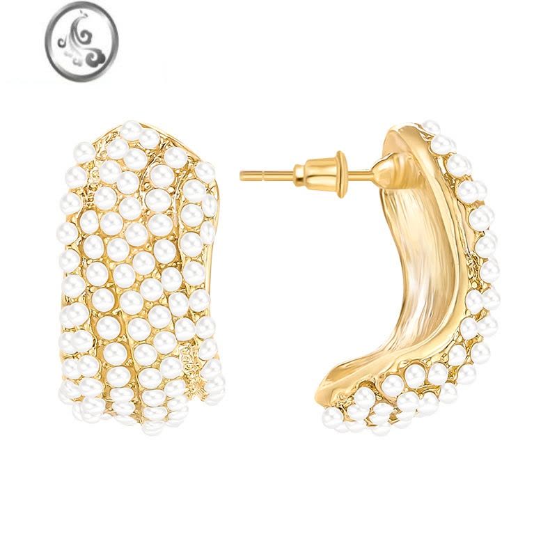 JiMi简约波浪纹S小米珍珠耳环女法式高级感气质耳钉INS风名媛百搭耳饰图片