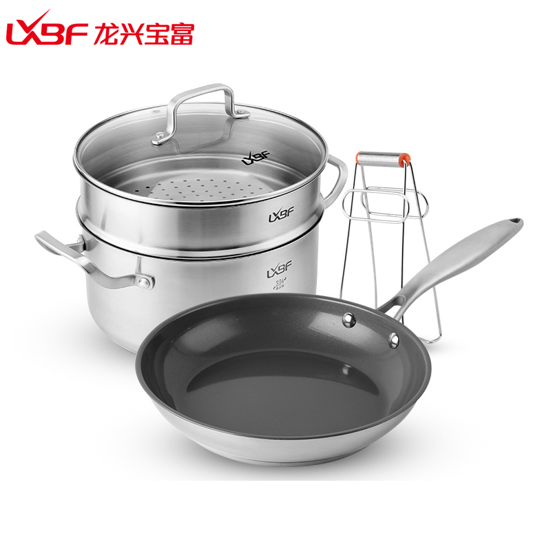 龙兴宝富（LXBF) 精致生活套装锅套锅LXBF301M 24cm 304不锈钢蒸锅汤锅 不粘煎盘 蒸格 多用夹