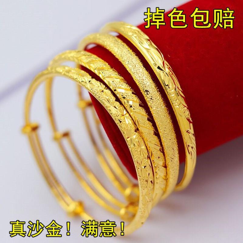 送戒指保色不掉色越南沙金手镯女金色手镯女友情人节礼物手环首饰 圆柱光面手镯(推拉可调大小) [送戒指]+礼盒+证书+运险