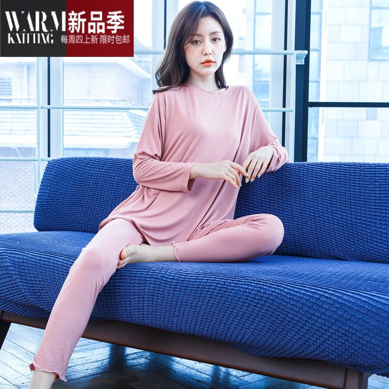 SHANCHAO睡衣女款夏长袖莫代尔棉带胸垫套装大码宽松薄款套可外穿
