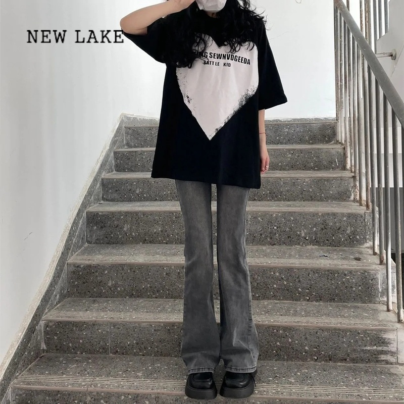 NEW LAKE美式复古黑灰色微喇叭牛仔裤女夏季vibe风高街设计感高腰显瘦长裤