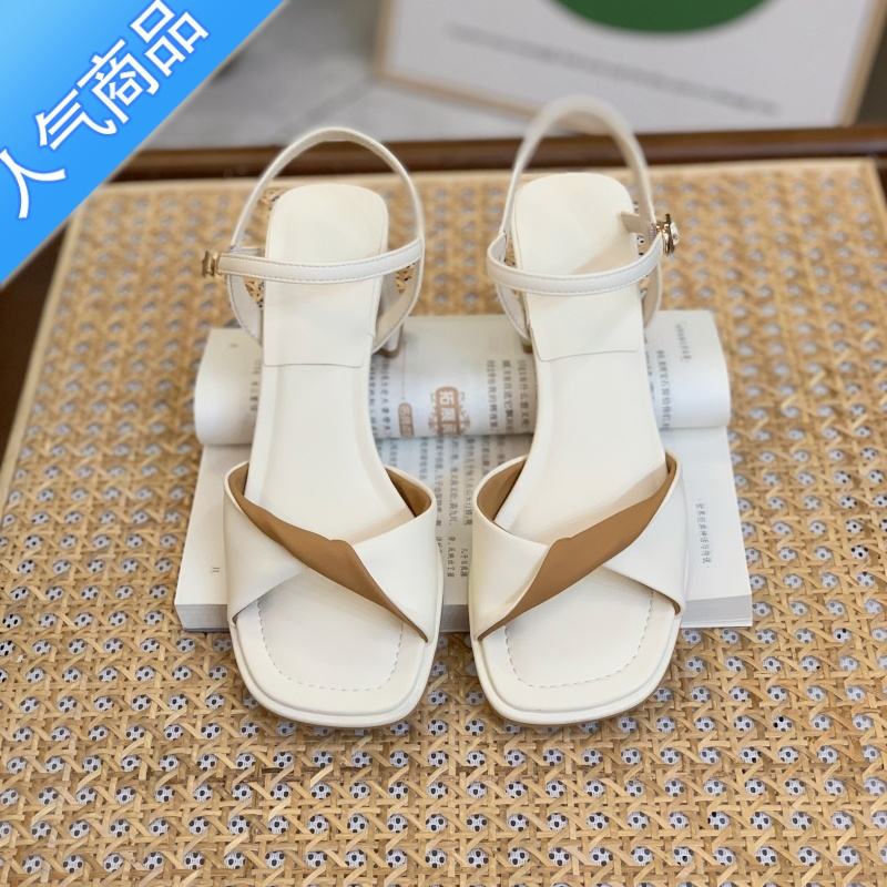 SUNTEK一字扣带凉鞋女7M2023年新款夏季仙女风粗跟高跟鞋时装罗马女鞋