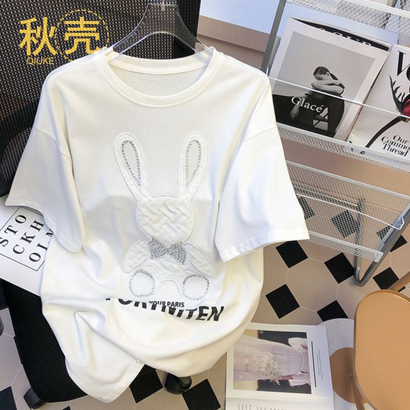秋壳纯棉短袖t恤女夏新款韩版烫钻圆领上衣中长款宽松大码女装潮
