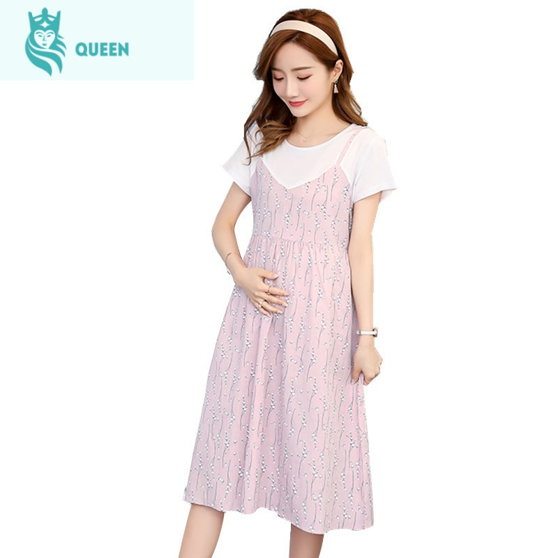 恋名媛孕妇装夏天裙子孕妇新款韩版时尚棉麻短袖上衣孕妈装中长款