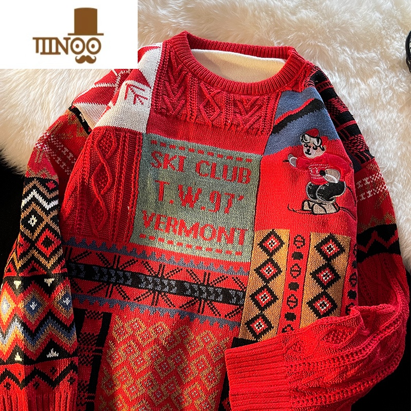 YANXU2023圣诞节毛衣男情侣学生ins潮牌日系美式复古加绒加厚线N 2XL 加绒款红色