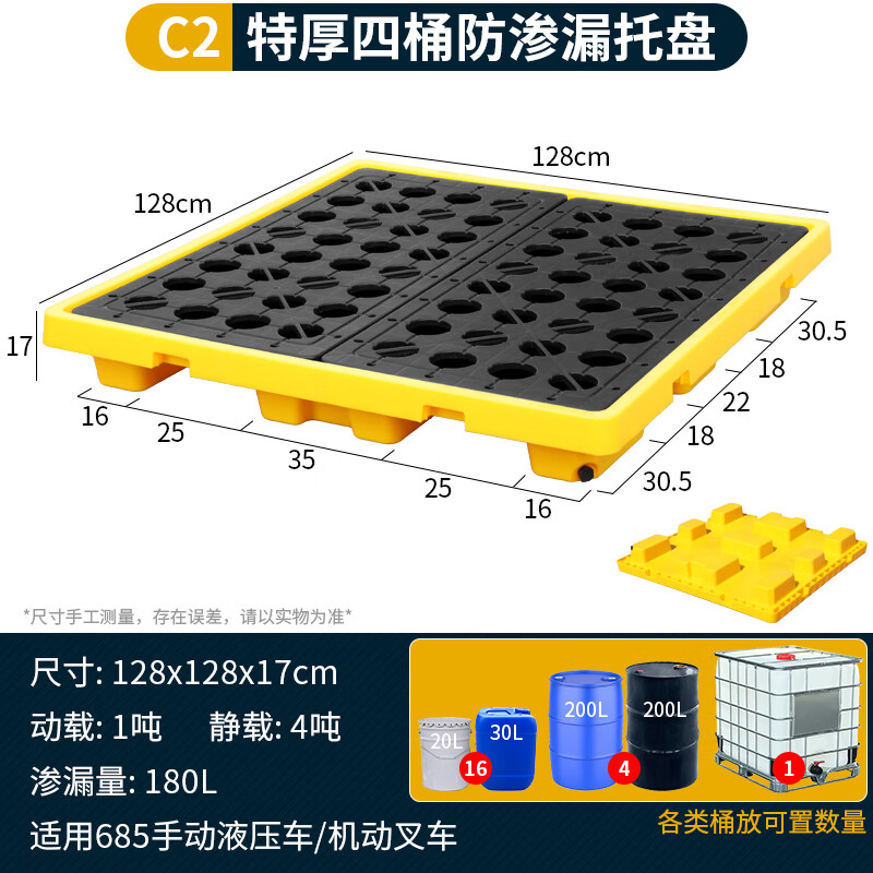 戴劲防渗漏托盘油桶防泄漏托盘危化品液体塑料接油盘C2-128*128*17cm高清大图