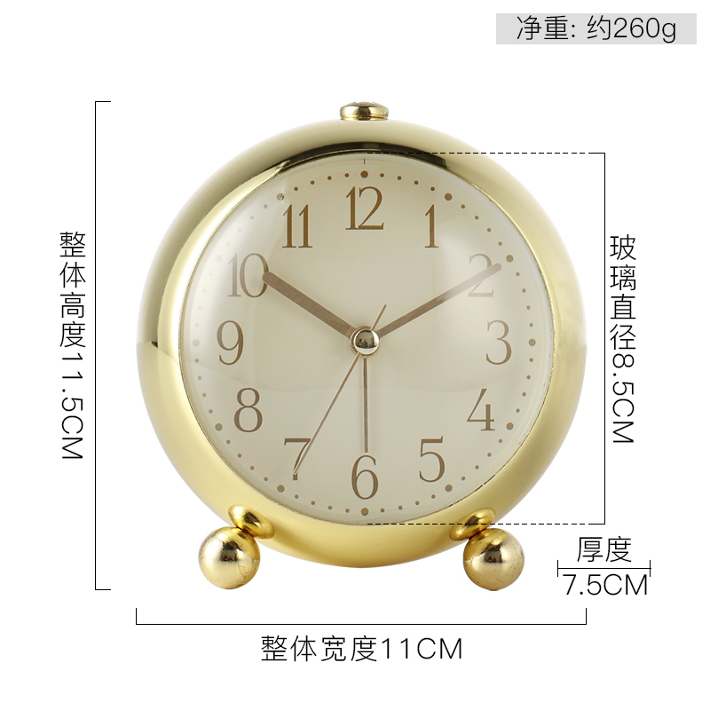汉时(Hense)欧式轻奢金属装饰夜灯闹钟卧室学生时尚床头石英时钟家用简约闹表HA13