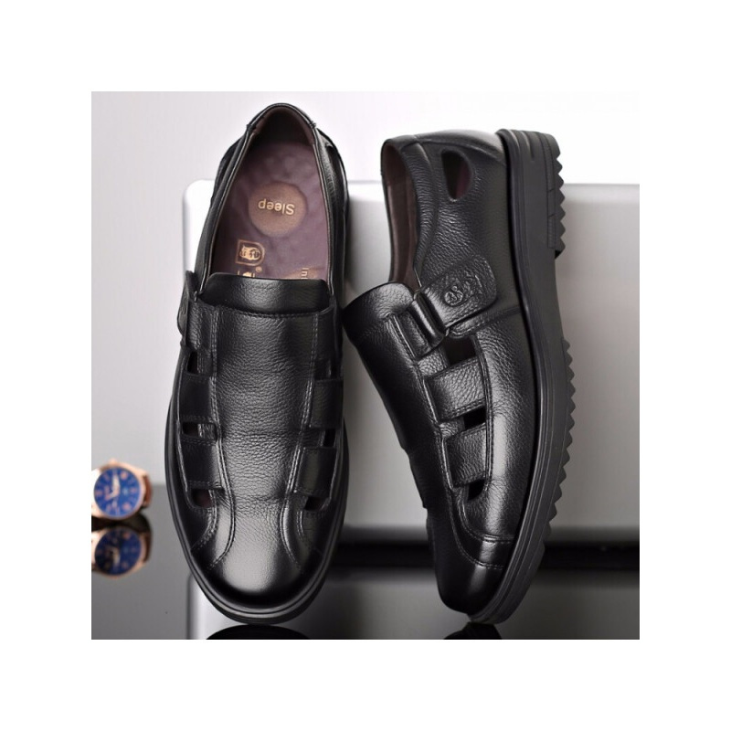 老人头凉鞋男真皮洞洞鞋男皮鞋中老年人夏季皮凉鞋子头层牛皮休闲鞋