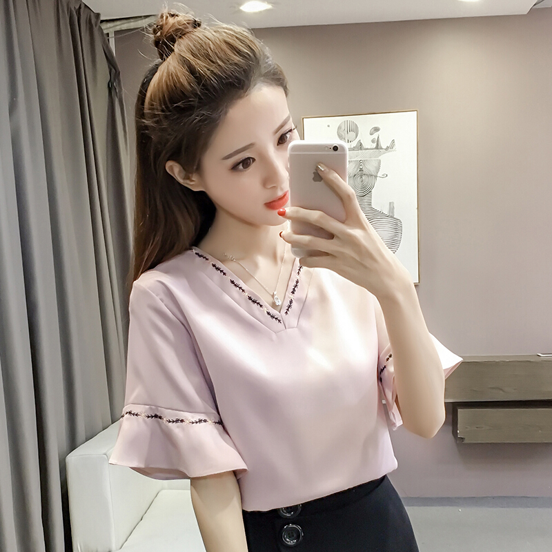 2018新款少女夏装短袖T恤女雪纺纯色学生刺绣宽松百搭上衣打底衫