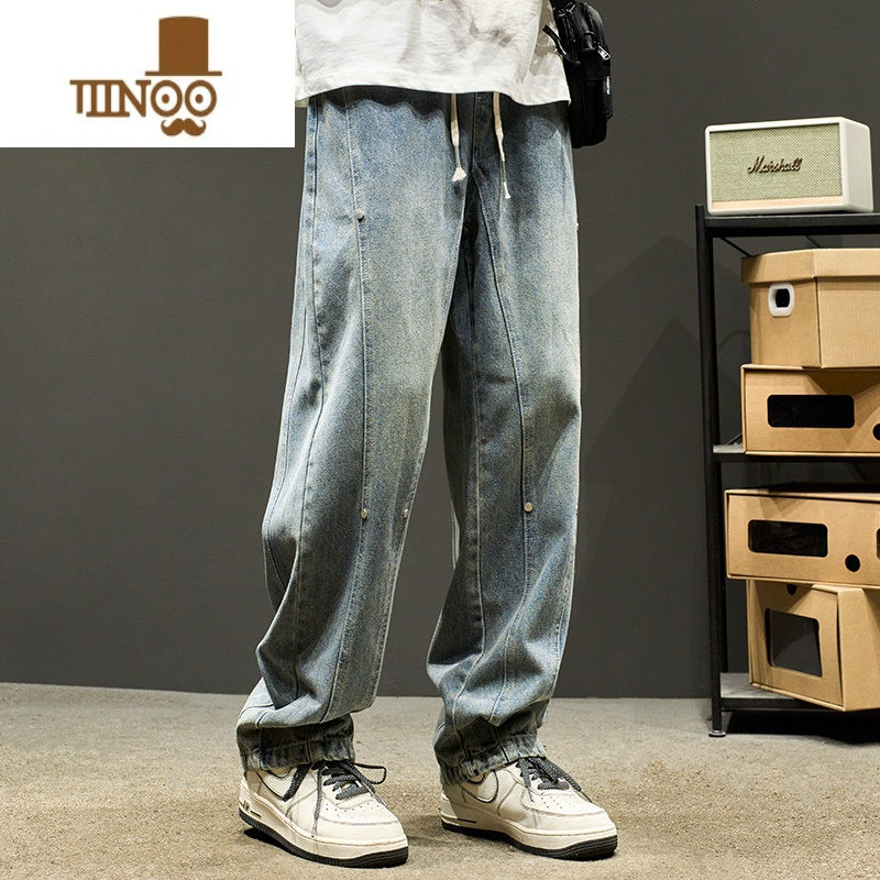 YANXU牛仔裤男美式复古水洗做旧黑色直筒裤宽松拼接工装裤子潮牌款高清大图