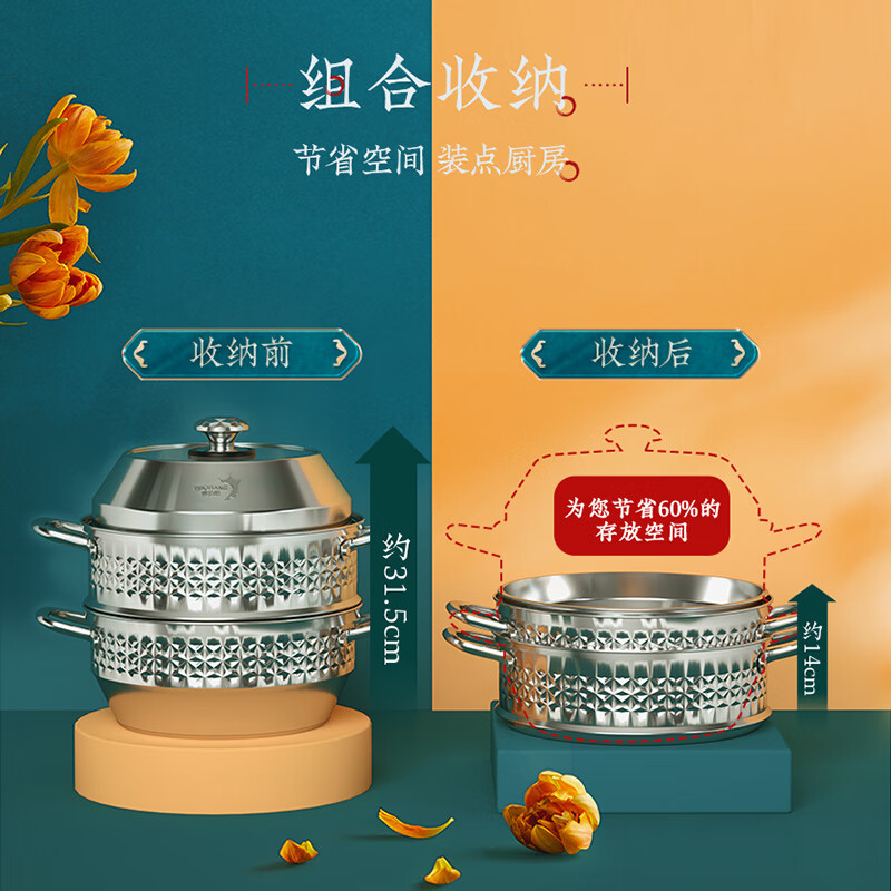 帝伯朗(TIBORANG)凯米欧不锈钢钻石纹蒸锅 DBL-ZG28(单位:套)高清大图