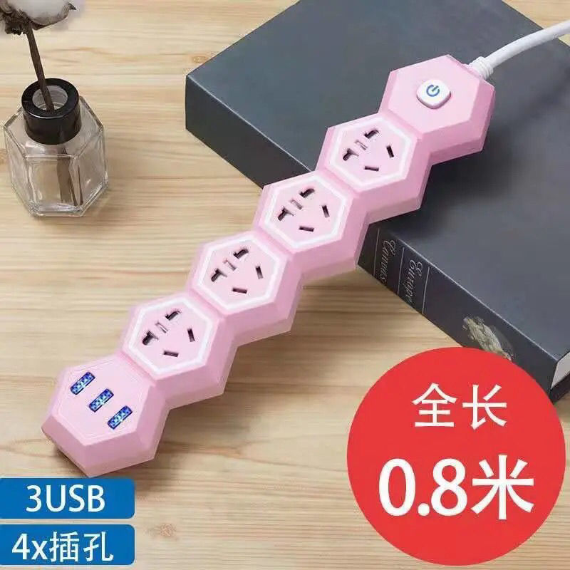 插座插排多功能USB充电排插线无线板插头转换器可爱家用插排可爱 4插位带3USB(可爱粉) 全长(4.8米)