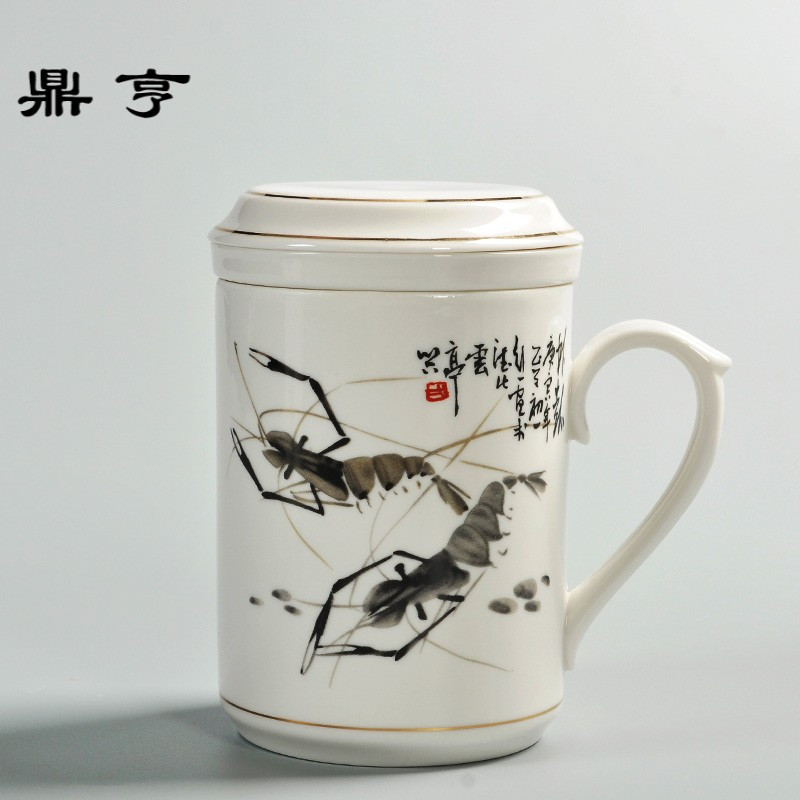 鼎亨德化玉瓷陶瓷三件杯茶杯带盖过滤网内胆水杯家用办公杯马克杯