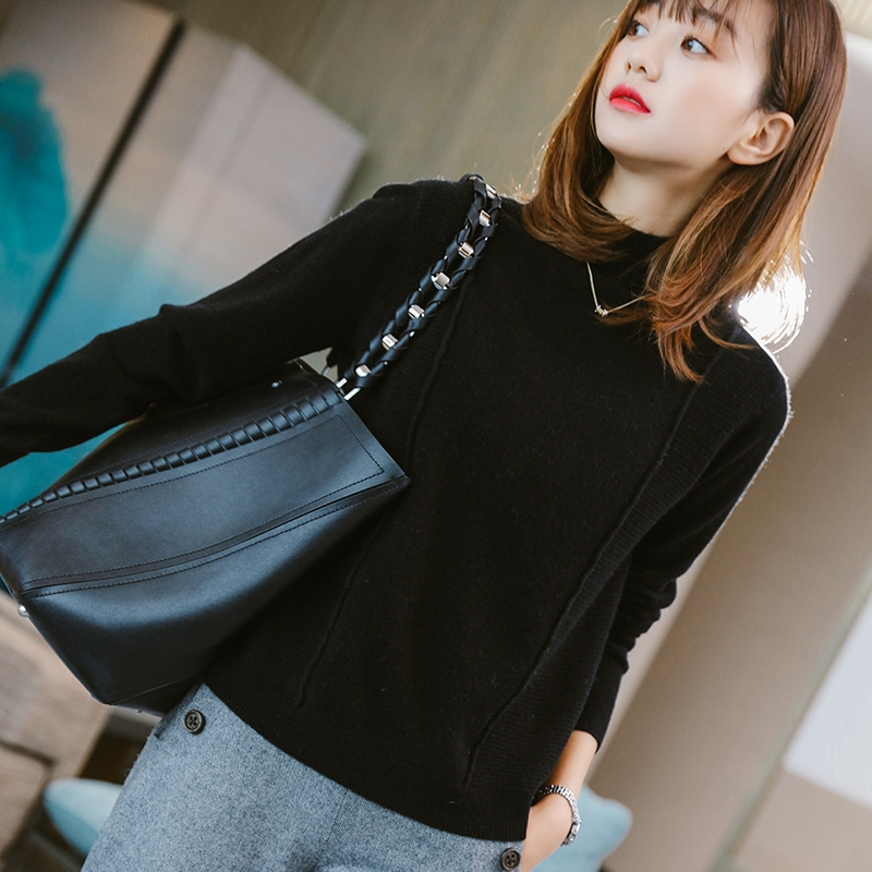 2018秋冬新款山羊绒衫女下摆开叉毛衣纯色打底衫半高领针织衫