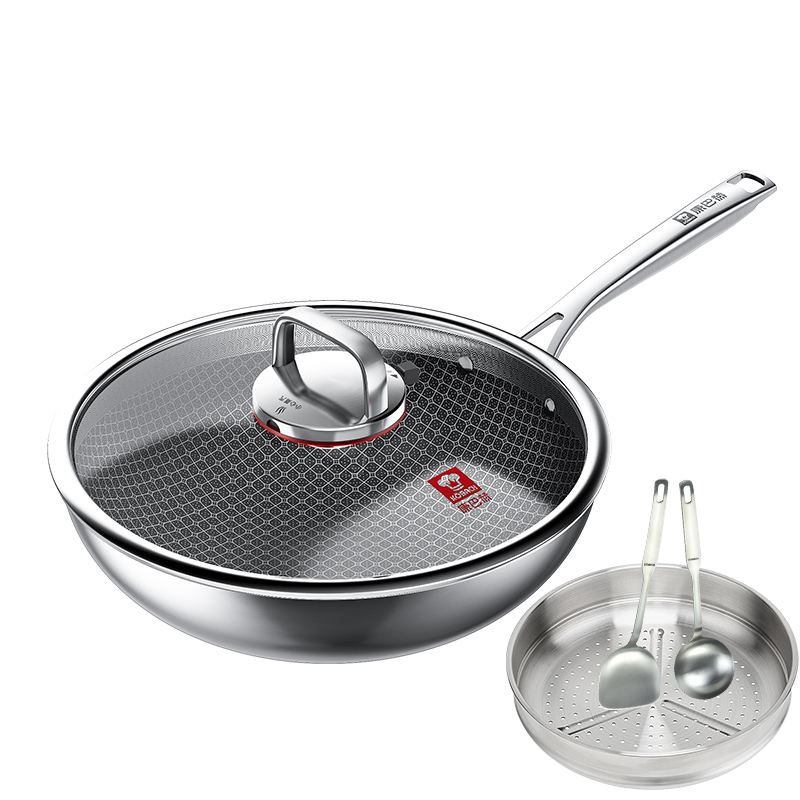 康巴赫0氟蜂窝炒锅套装32cm（带304铲勺、蒸笼）高清大图