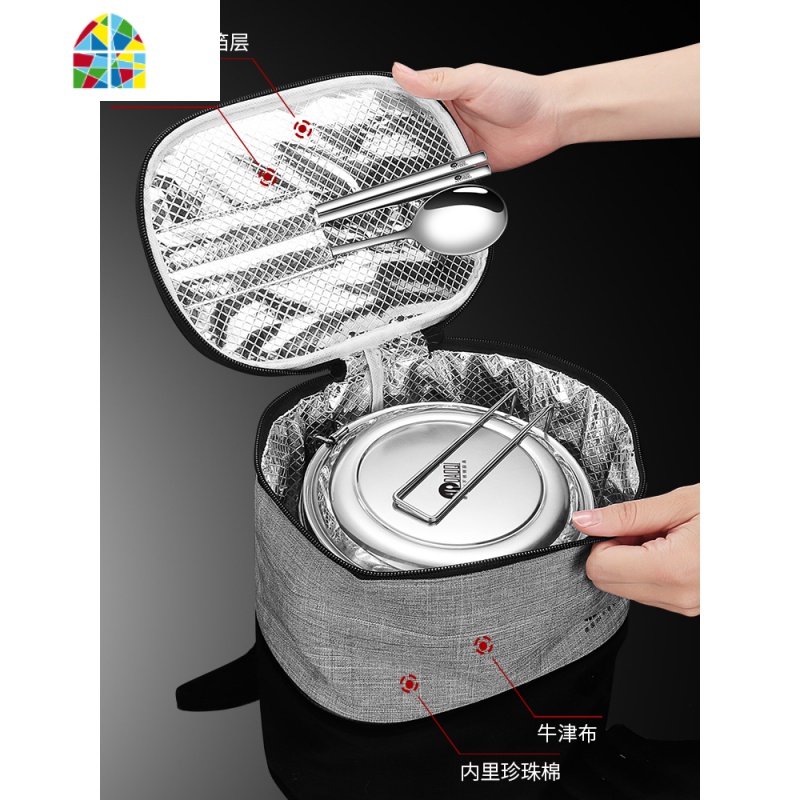 304不锈钢蒸饭盒带盖学生圆形食品级上班族食堂打饭便当盒 FENGHOU 304饭盒16CM带菜格+勺+筷+保温袋高清大图