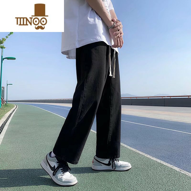 YANXU牛仔裤男夏秋季耐磨多口袋松紧腰裤子男潮流港风男士阔腿直筒长裤高清大图