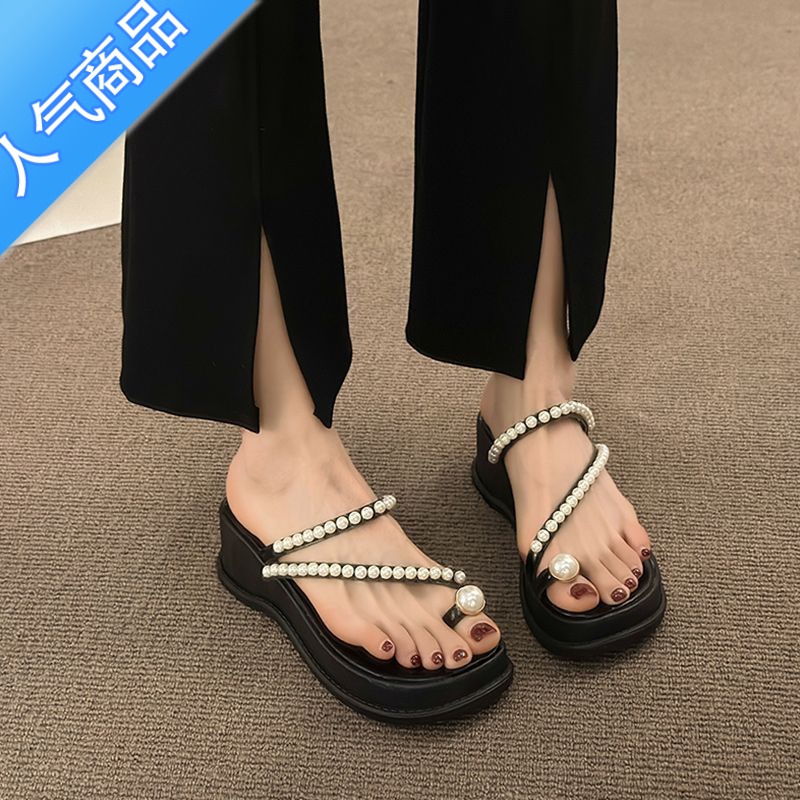 SUNTEK法式仙女配裙子厚底套趾拖鞋女夏季外穿2023新款网红超火珍珠凉鞋高清大图