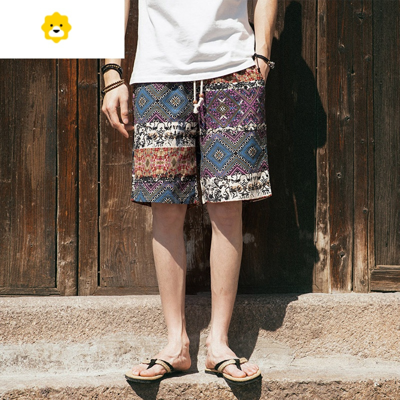 fishbasket复古民族风花短裤男士潮牌沙滩夏季薄款胖子大码运动五分