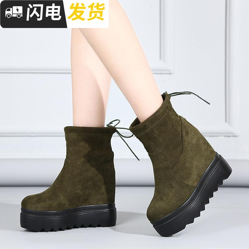 内增高短靴女2022秋冬新款韩版百搭松糕厚底加绒棉靴防滑中筒女靴启如