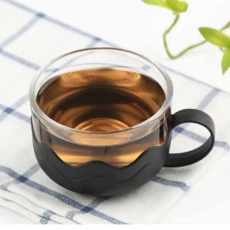 防烫莲花茶杯带把水杯玻璃杯套装北欧风杯子办公室待客泡茶杯 4个杯子