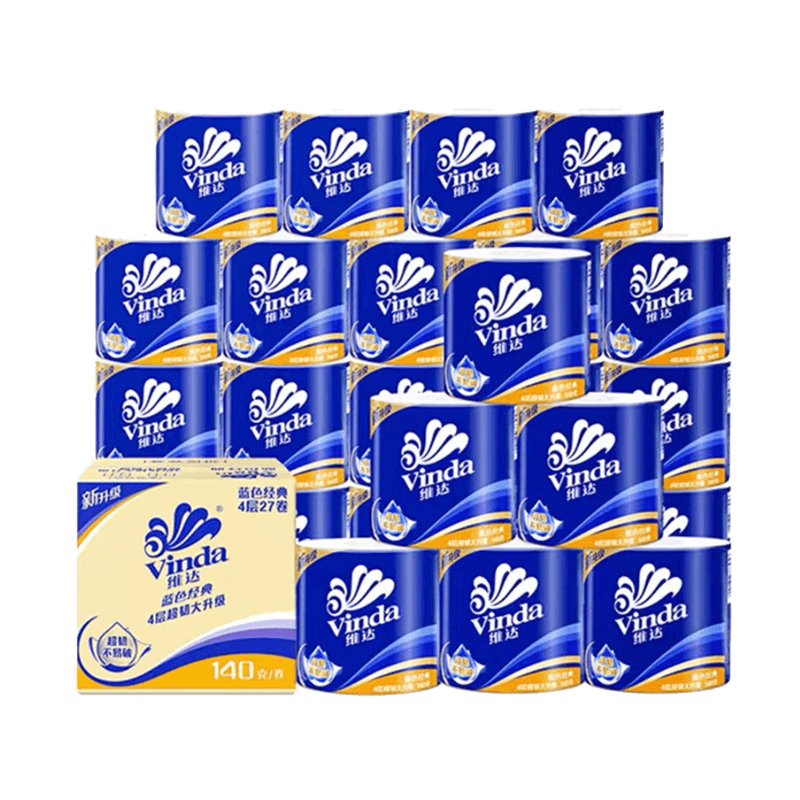 维达(Vinda)有芯卷纸 蓝色经典 4层140克*27卷 厚韧耐用 卫生纸卷筒纸纸巾整箱
