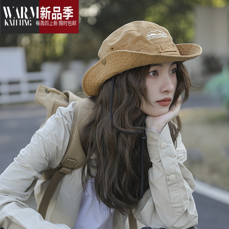 SHANCHAO日系薄款抽绳大檐渔夫帽子女夏季透气户外登山出游西部牛仔帽