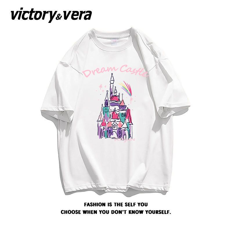 VICTORYVERA魔仙堡印花短袖盐系t恤女2022夏季纯棉宽松半袖上衣服