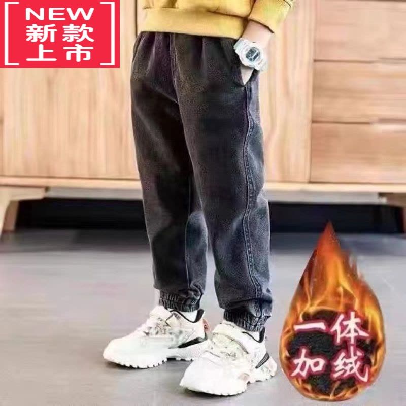 可莉允男童牛仔裤2022秋冬裤子加绒加厚儿童一体绒长裤中大童保暖裤宽松图片