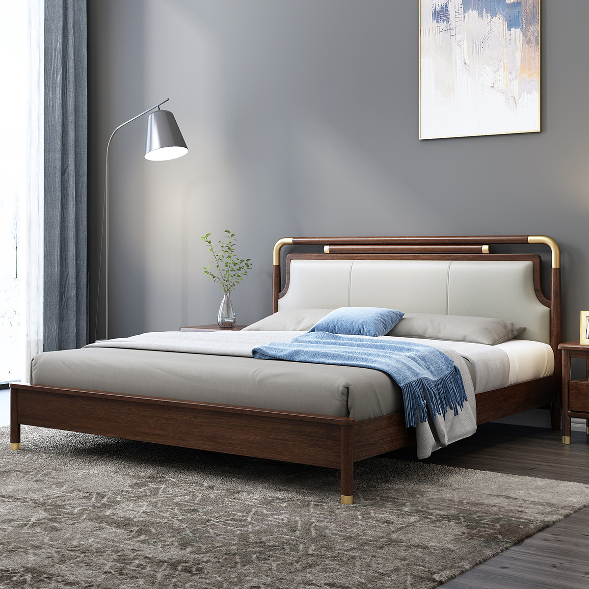 月影梳桐新中式实木双人床1.8米胡桃木皮床现代简约北欧轻奢1.5婚床