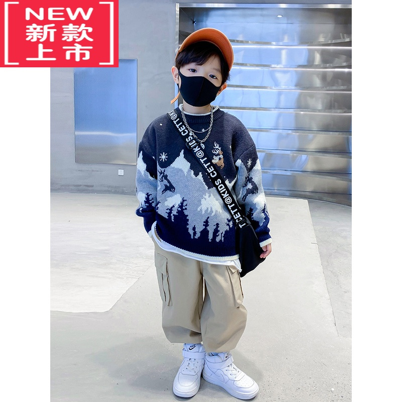 可莉允男童圣诞毛衣秋冬款2022新款儿童中大童洋气加厚潮牌半高领针织衫