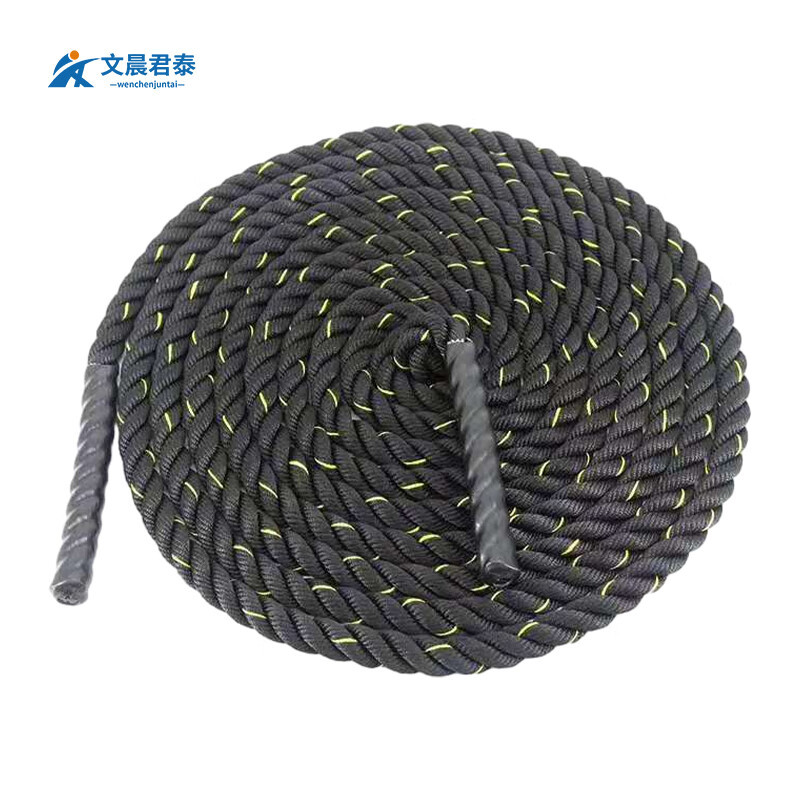 文晨君泰 战绳户外救援拓展高强涤纶三股绳 力量体能训练攀爬绳高空作业安全绳 半包 黑金色 Φ38mm*12米