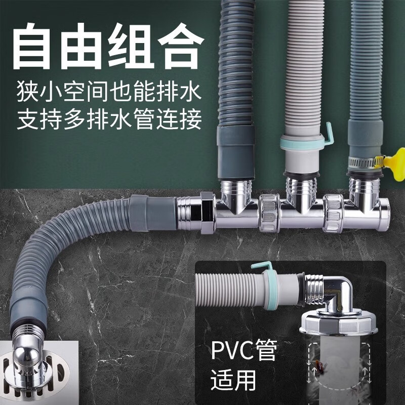洗衣机下水管道三头通地漏三通接头四通排水管[E1款]四合一/0.6米管/地漏接头/地漏盖/防溢水管高清大图