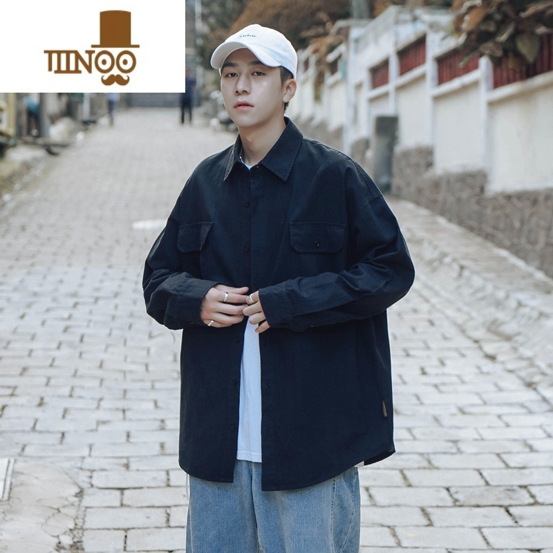YANXU长袖衬衫男生潮牌宽松休闲工装纯色日系防晒外套韩版衬休外工高清大图