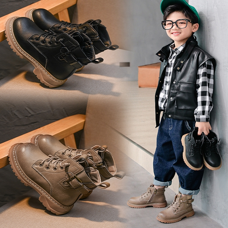 智扣男童马丁靴秋冬新款雪地靴男孩真皮短靴儿童棉鞋冬季加绒靴子