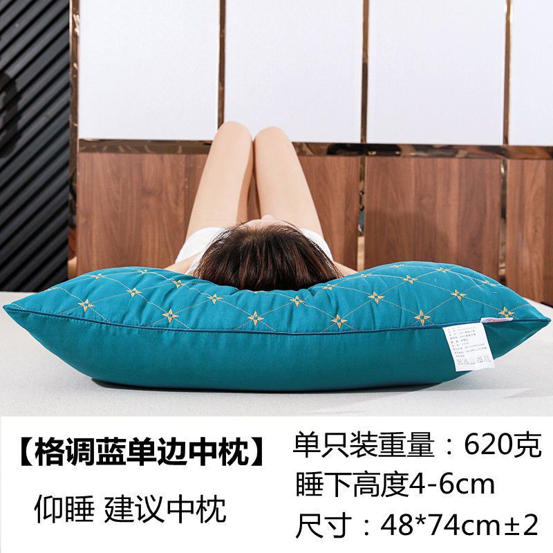 枕头芯可水洗成人学生护颈枕头芯一对枕头单人一只 一只装 单边刺绣【深邃蓝】-中枕-650克