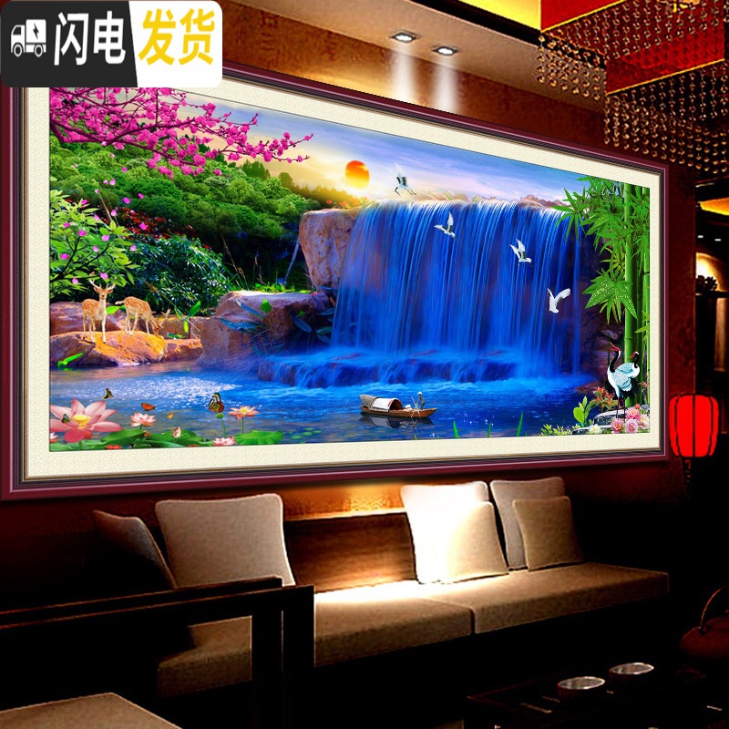 三维工匠十字绣线绣2019新款客厅流水生财大幅风景山水画满绣棉线丝线2020 丝线:190*75厘米[中格3股绣]高清大图