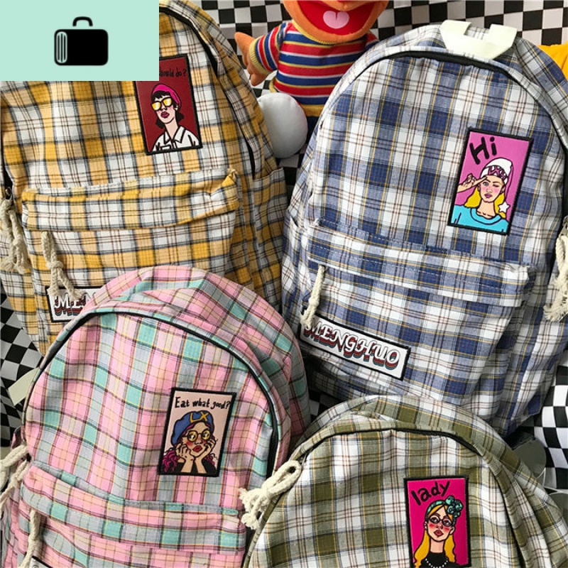 ins港风可爱格子双肩包包女书包女学生韩版校园初中生高中大容量NEW LAKE