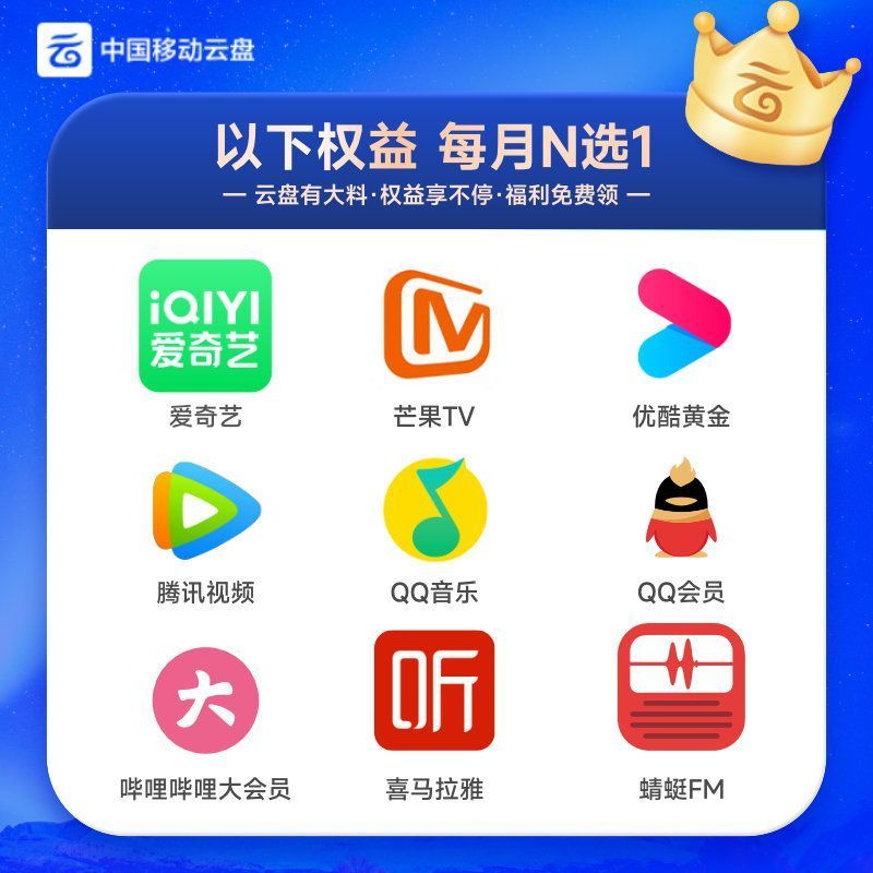 中国移动云盘黄金畅享会员半年卡 仅限移动账号充值 爱奇艺芒果优酷等权益每月N选1
