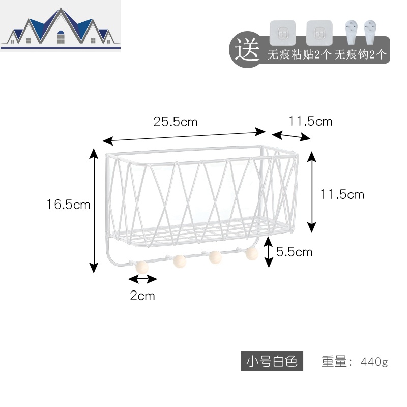 免打孔墙上铁艺置物架收纳架北欧家用壁挂式厨房卫生间带木珠挂钩_1_603 白色小号1层