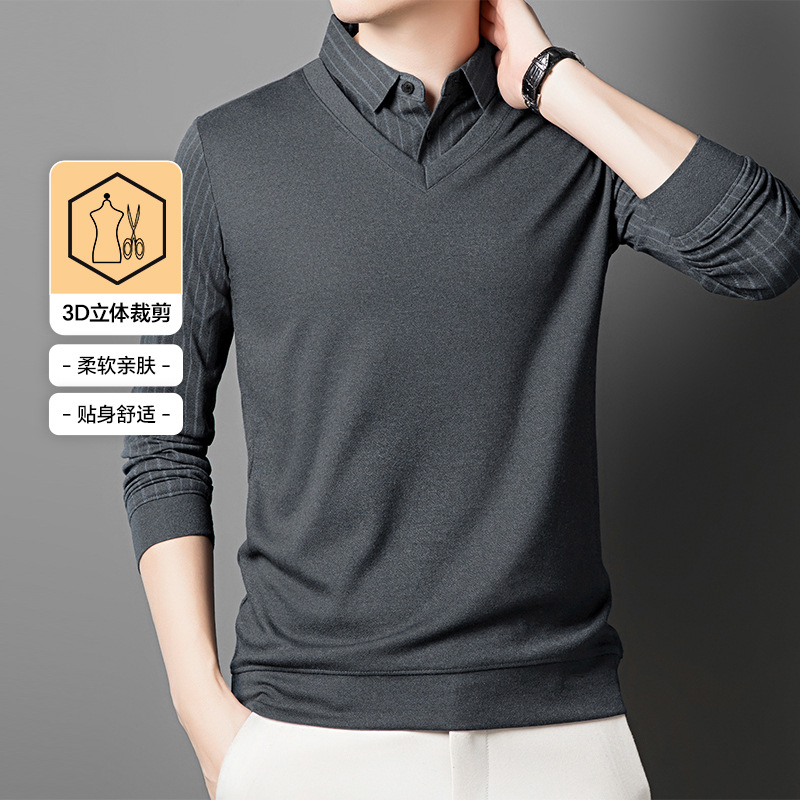 啄木鸟秋冬季假两件Polo衫男士爸爸装长袖打底上衣商务休闲打底衫高清大图