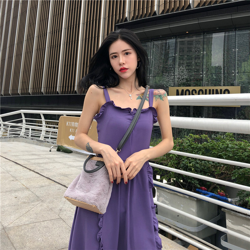 夏季新款温柔木耳花边带裙收腰中长款大摆度假连衣裙女