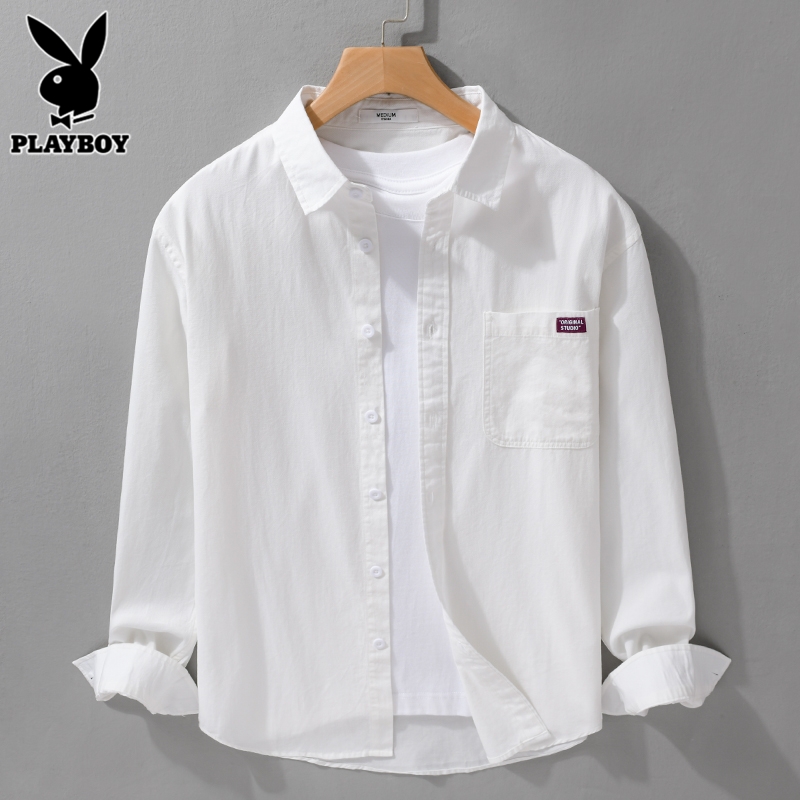 花花公子纯棉衬衫男士长袖夏季日系潮流寸衫免熨烫休闲衬衣外套男公高清大图