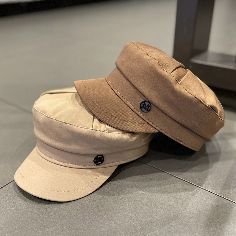 帽子女韩版潮褶皱平顶帽网红款时尚英伦复古m标帽鸭舌贝雷帽