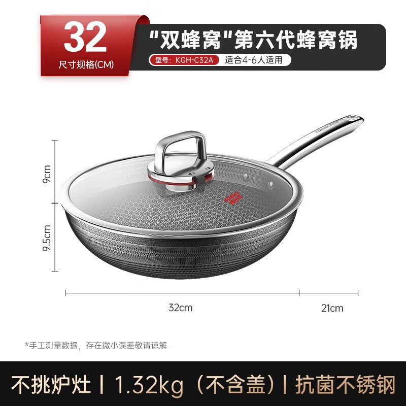 康巴赫 (KBH)第六代炒锅不粘锅抗菌不锈钢家用炒菜锅红点感温 KGH-C32A【六代双蜂窝锅】 32cm