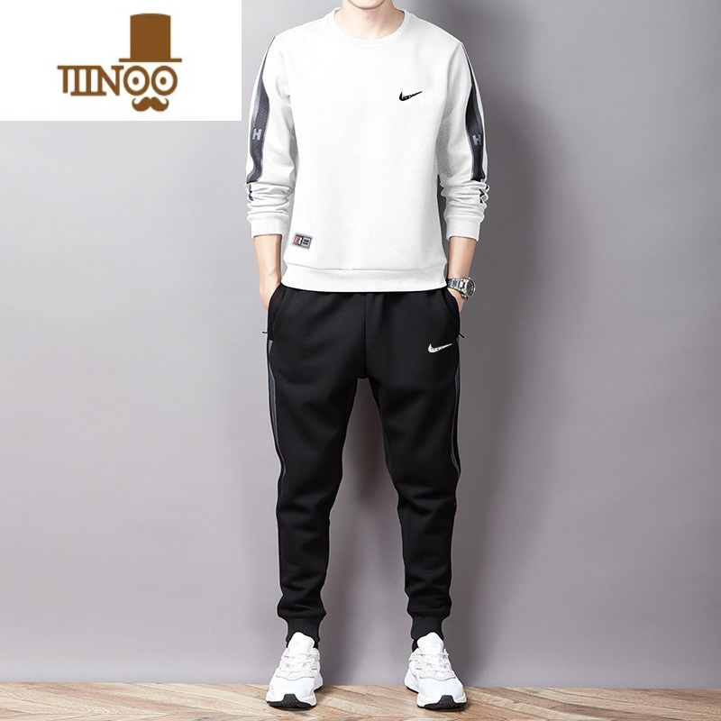 YANXU2023秋季运动套装男休闲款卫衣圆领套头宽松跑步套 白色春秋款 3XL150-165斤