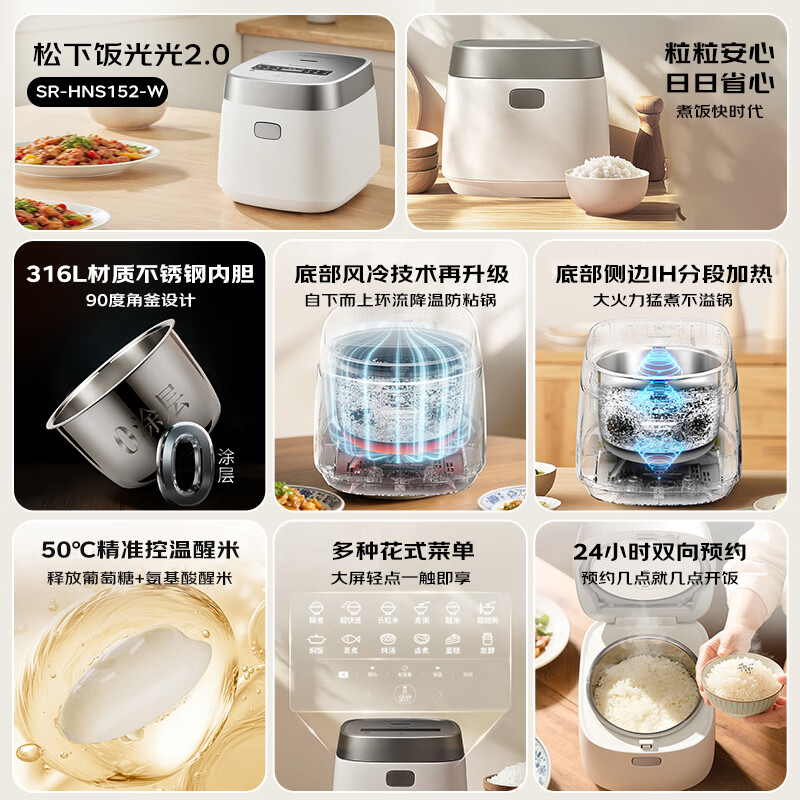 松下 饭光光2.0电饭煲0涂层IH加热家用电饭锅4-5人无涂层不锈钢4升SR-HNS152-W高清大图