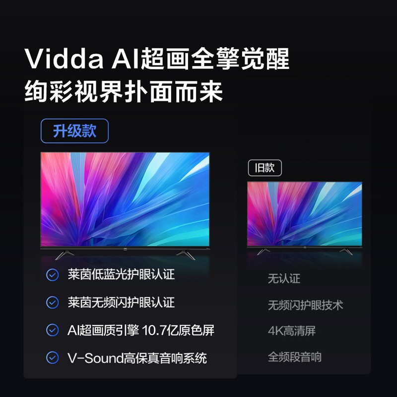 海信Vidda 65英寸 4K超高清 超薄全面屏 1.5G+8G HDR智慧屏 65V1F-R 护眼教育电视