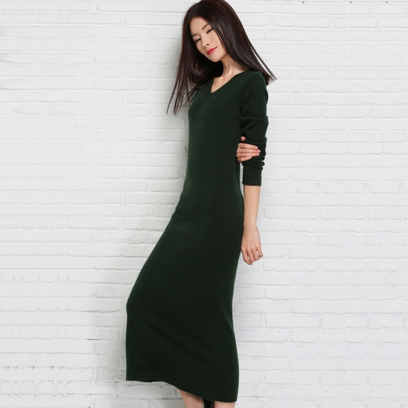 秋冬羊绒长裙女 v领修身包臀套头超长款过膝连衣裙薄款针织打